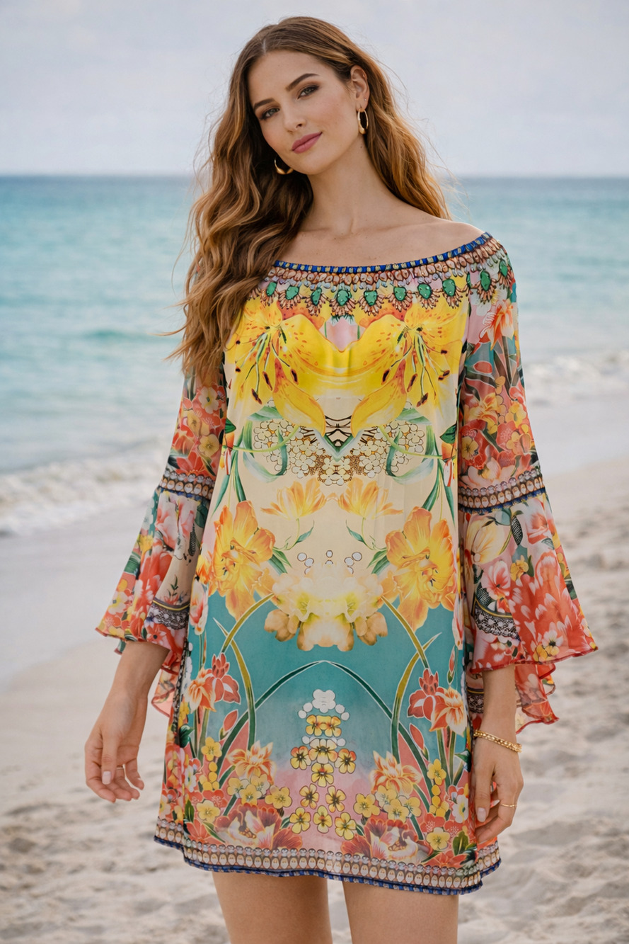 Ranees Sheer Cover Up Tunic Dress Sz Large Bell Sleeves Vacation Boho Chic Beach